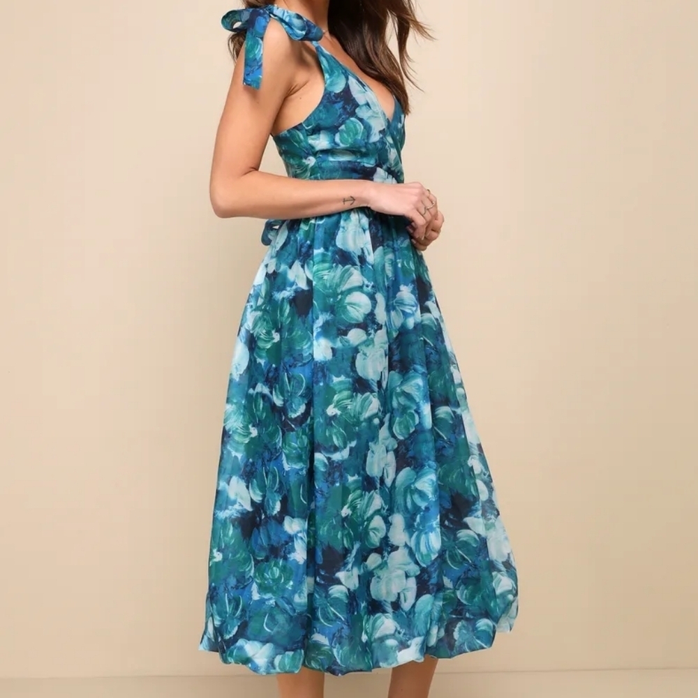 NWT Lulus Flowering Day Dream Teal Blue Floral Organza Midi Dress – Size S - Picture 15 of 15